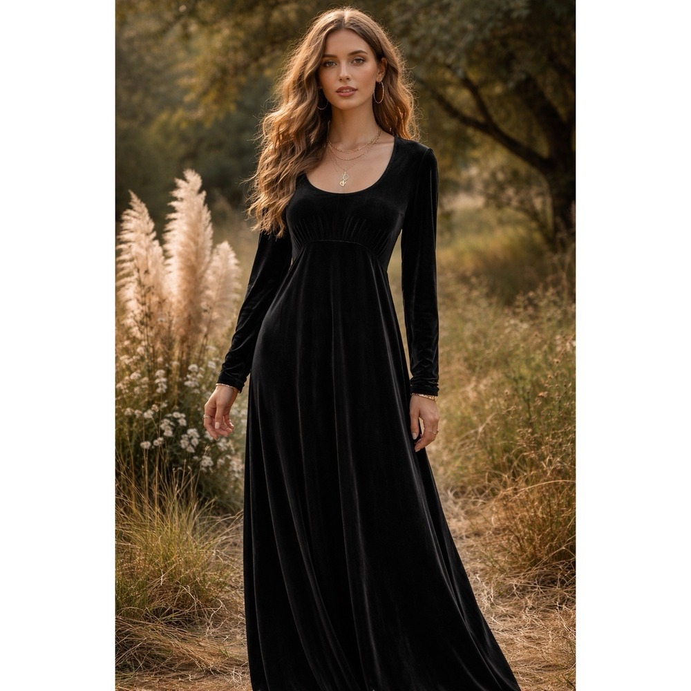 Vintage Laura Ashley Black‎ Velvet Maxi Dress Victorian Goth Modest Size US 8
